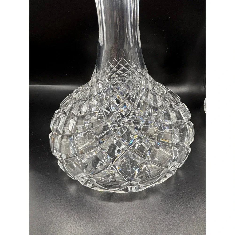 Vintage Cut Glass Decanter with Large Geometric Globe Stopper Diamond Pattern